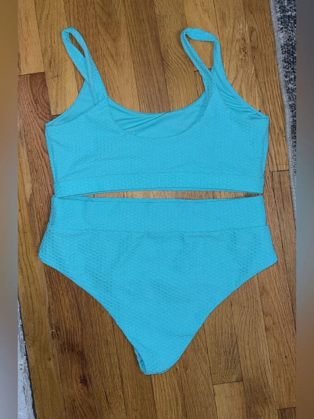 Textured Turquoise Blue High-Waist Bikini Set - Picture 2 of 4